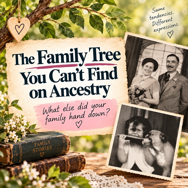 Vintage family-themed graphic for The Family Tree You Can’t Find on Ancestry, featuring Agnes as a young child sharing watermelon with the family dog and a wedding photo of her parents.